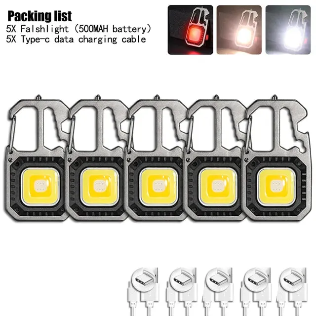 Mini LED Flashlight Work Light Rechargeable Keychain Lamp Outdoor Camping Torch Portable Pocket Wrench Screwdriver Safety Hamme