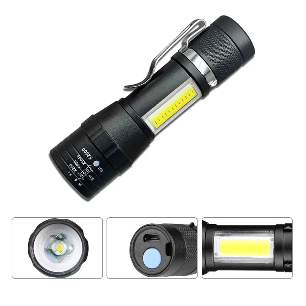 Mini Portable Flashlight Q5 COB Strong Light Zoom 3 Modes Torch Built In Battery USB Rechargeable Lamp Outdoor Camping Lantern