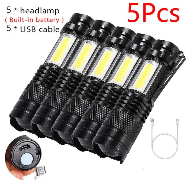 Mini Portable Flashlight Q5 COB Strong Light Zoom 3 Modes Torch Built In Battery USB Rechargeable Lamp Outdoor Camping Lantern