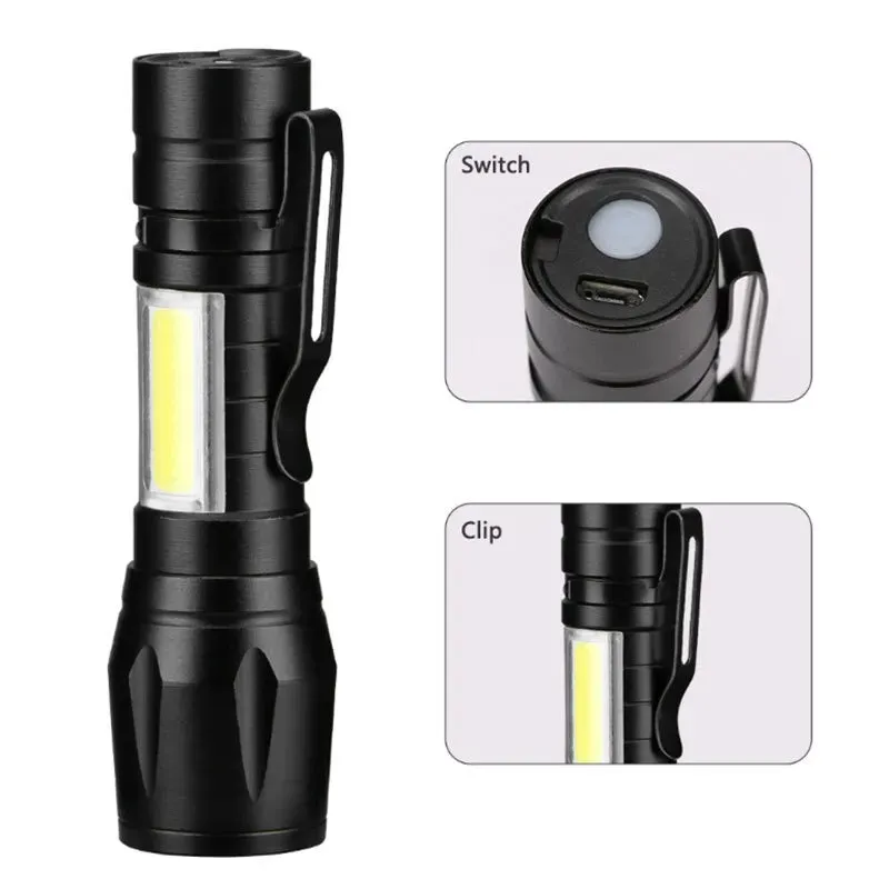 Mini Rechargeable LED Flashlight COB XPE Portable Torch Camping Lantern Zoomable Focus Light Tactical Flashlight with Pen Clip
