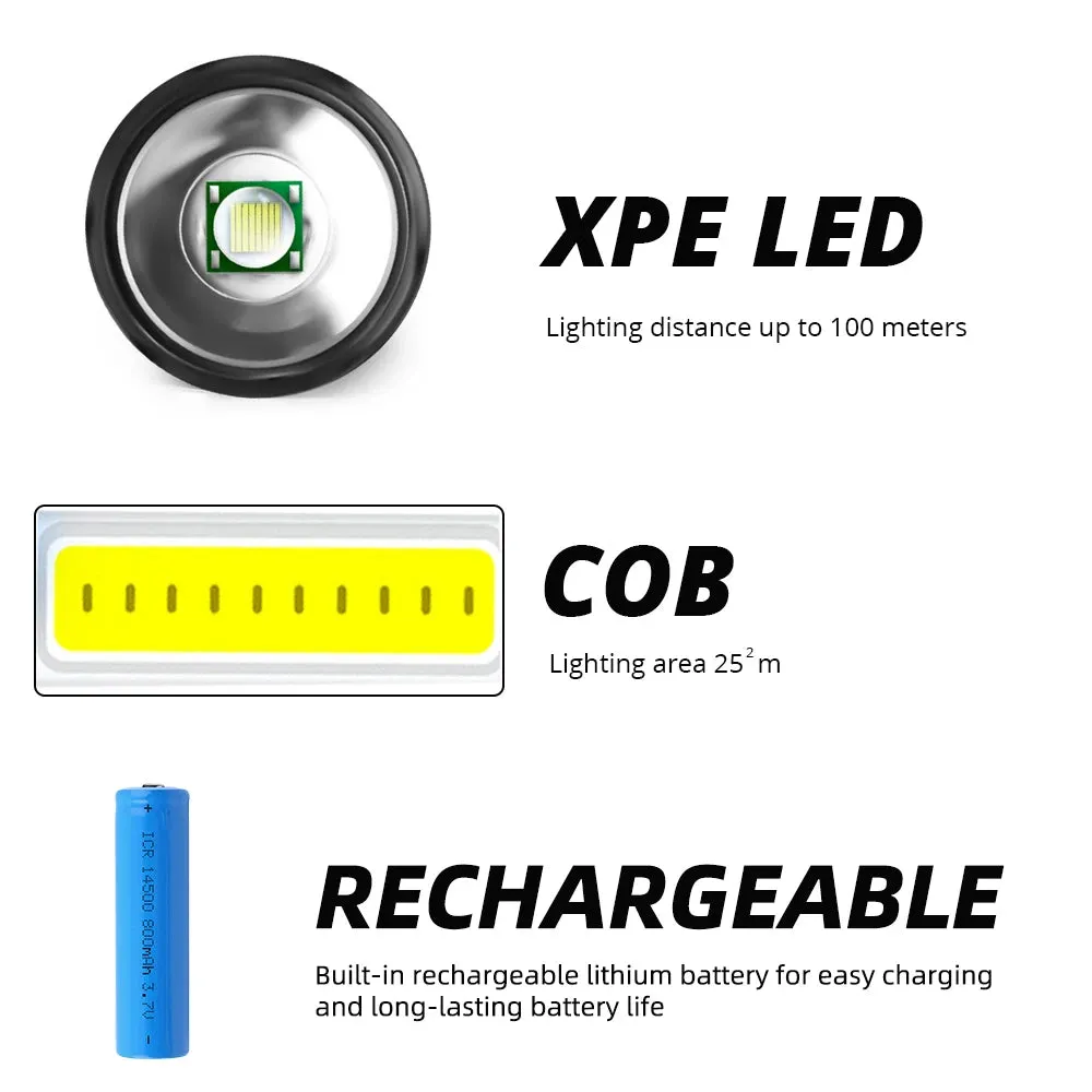 Mini Rechargeable LED Flashlight Use XPE   COB lamp beads 100 meters lighting distance Used for adventure, camping, etc.