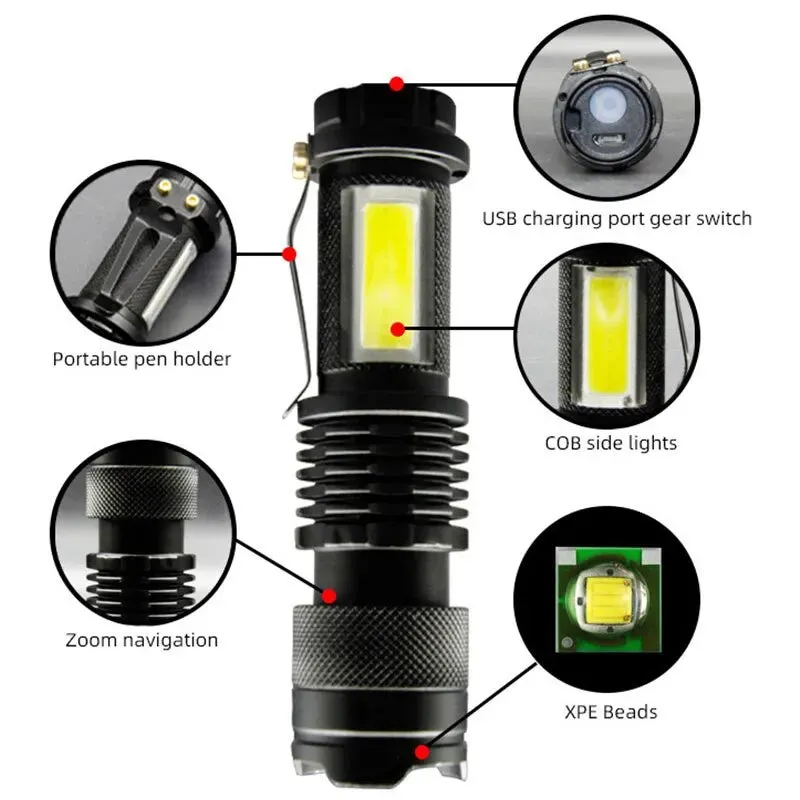 Mini XPE COB Lamp Bead LED Flashlight Use Rechargeable Double Light Source Emergency Flashlight for Hiking Camping Fishing