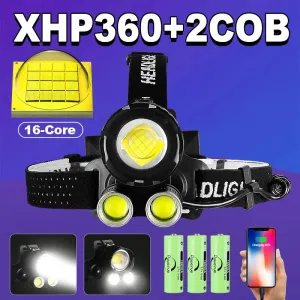 Most Powerful XHP360 Led Headlamp Headlight 18650 USB Rechargeable Head Flashlight 2COB Light Outdoor Camping Fishing Head Lamps