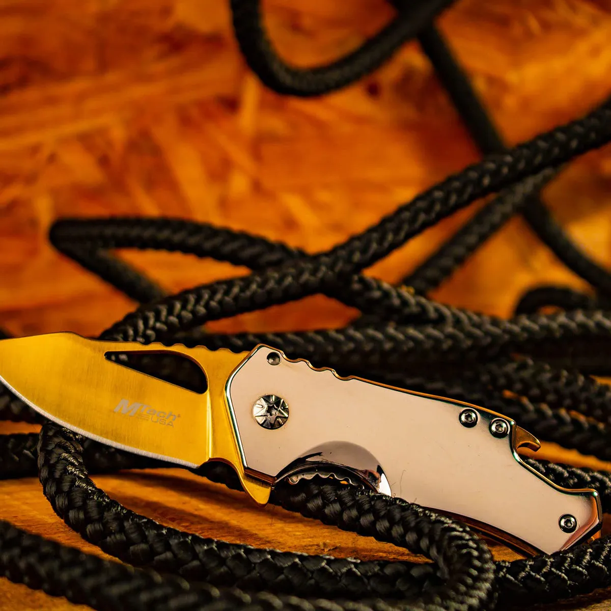 MTech USA Framelock Spring Assisted Folding Knife, Stainless/Gold, MT-A882SGD