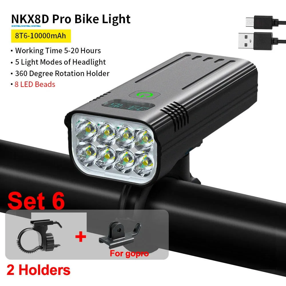 NATFIRE 10000mAh Bicycle Light with Digital Battery Indicator USB Rechargeable Bike Light Set 8 LED Flashlight