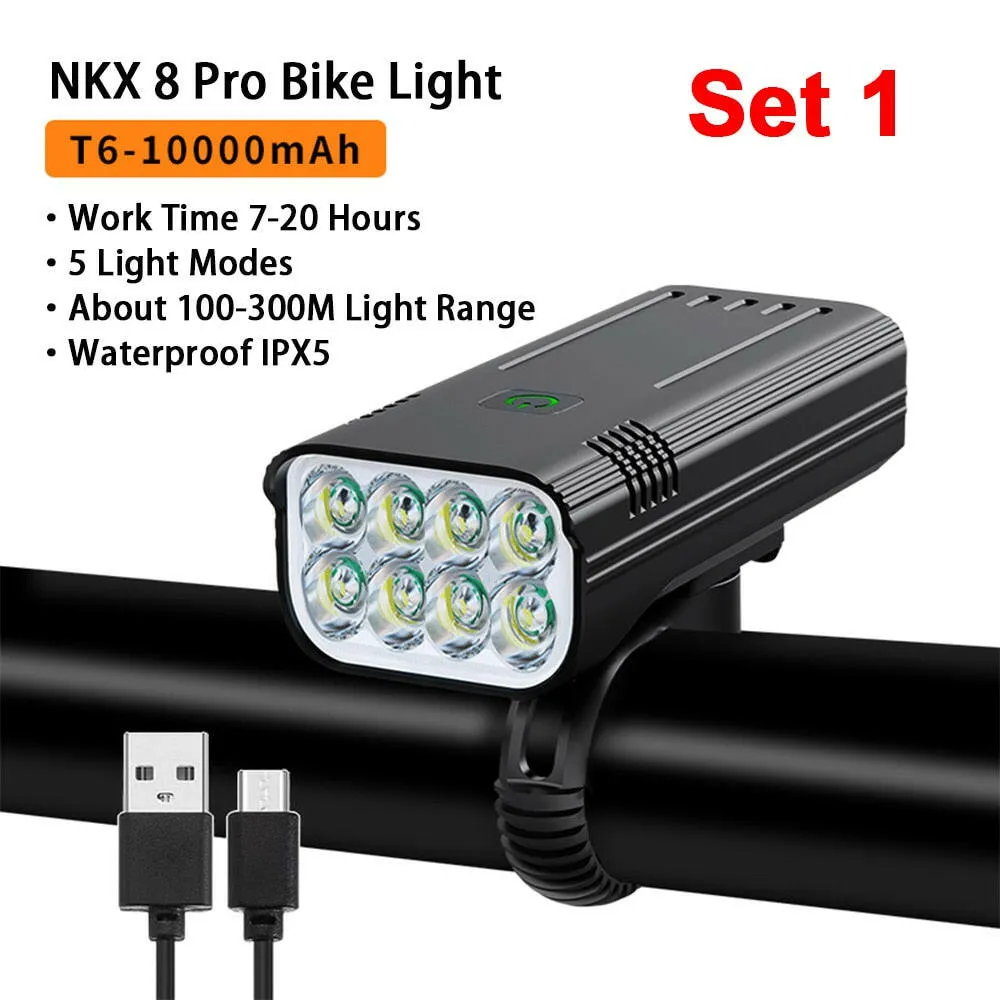NATFIRE 10000mAh Bicycle Light with Digital Battery Indicator USB Rechargeable Bike Light Set 8 LED Flashlight