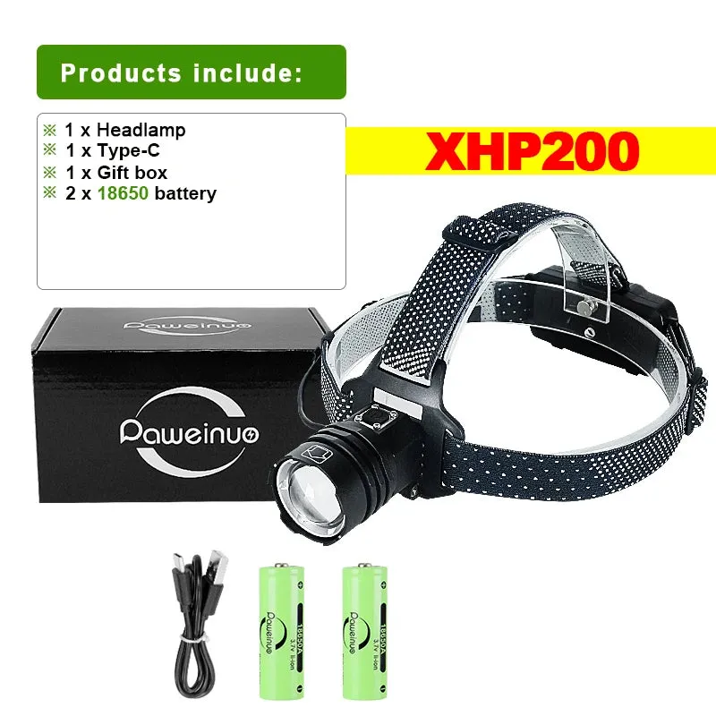 Newest XHP200 Super Powerful LED Headlamp USB Rechargeable Headlight 18650 Waterproof 3modes Head Lamp Zoomable Fishing Lantern