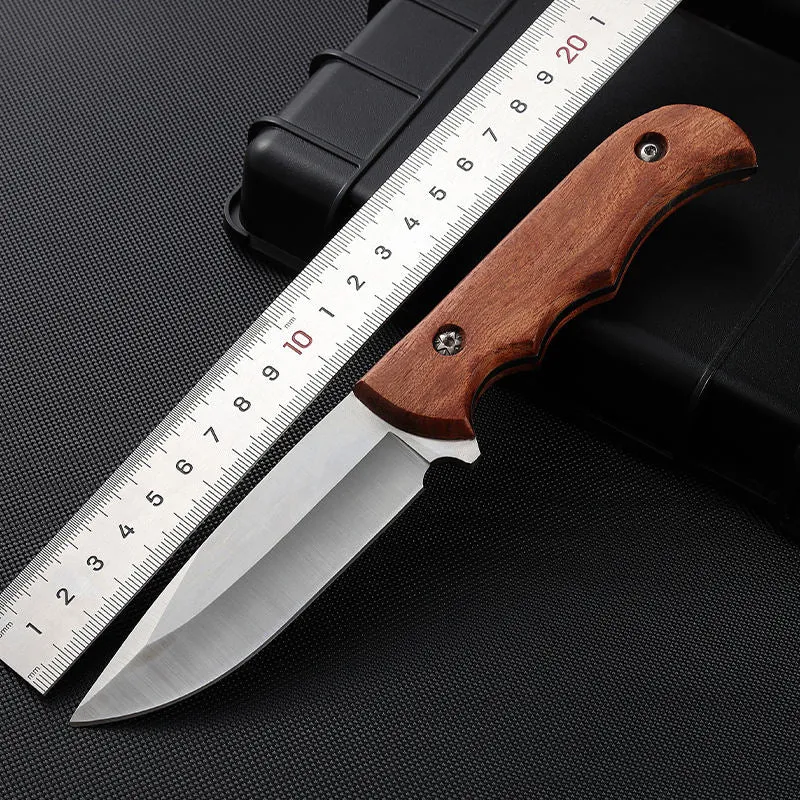 Outdoor Knife Stainless Steel Fixed Blade Hunting Tactical Bowie Survival Red Wood Handle Knife