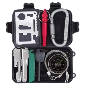 Outdoor Survival Kit for Camping Hiking Hunting Travel Selfhelp SOS Gear Emergency Tools Pack with Fire Starter, Carabiner, Survival Whistle, Credit Card Tool, Compass, Wire Saw, Pliers
