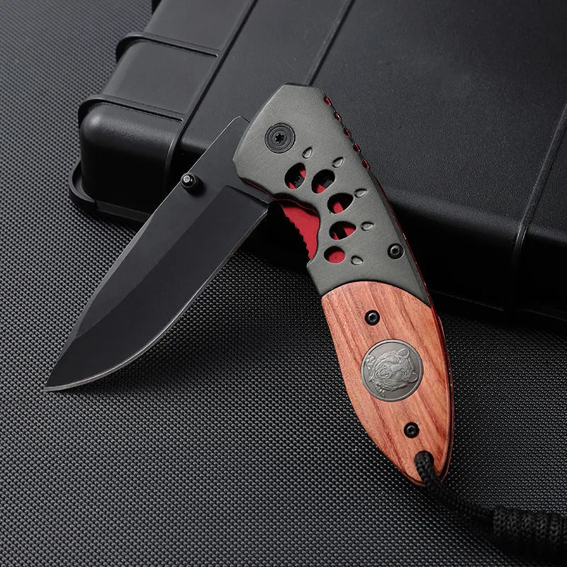 Outdoor Wood Handle Knife Grey Titanium Blade Camping Edc Pocket Folding Knife With Aluminum Alloy Wooden Handle