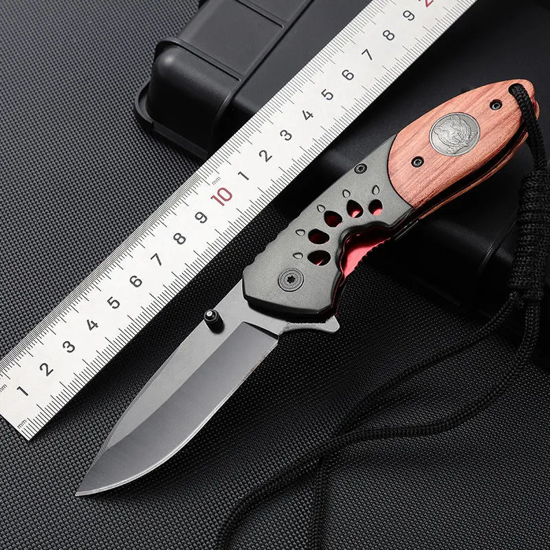 Outdoor Wood Handle Knife Grey Titanium Blade Camping Edc Pocket Folding Knife With Aluminum Alloy Wooden Handle