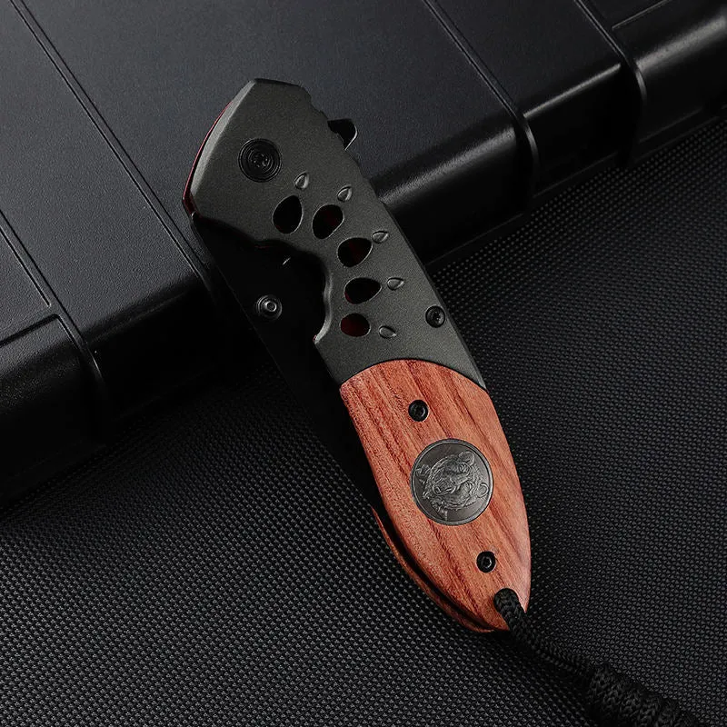 Outdoor Wood Handle Knife Grey Titanium Blade Camping Edc Pocket Folding Knife With Aluminum Alloy Wooden Handle