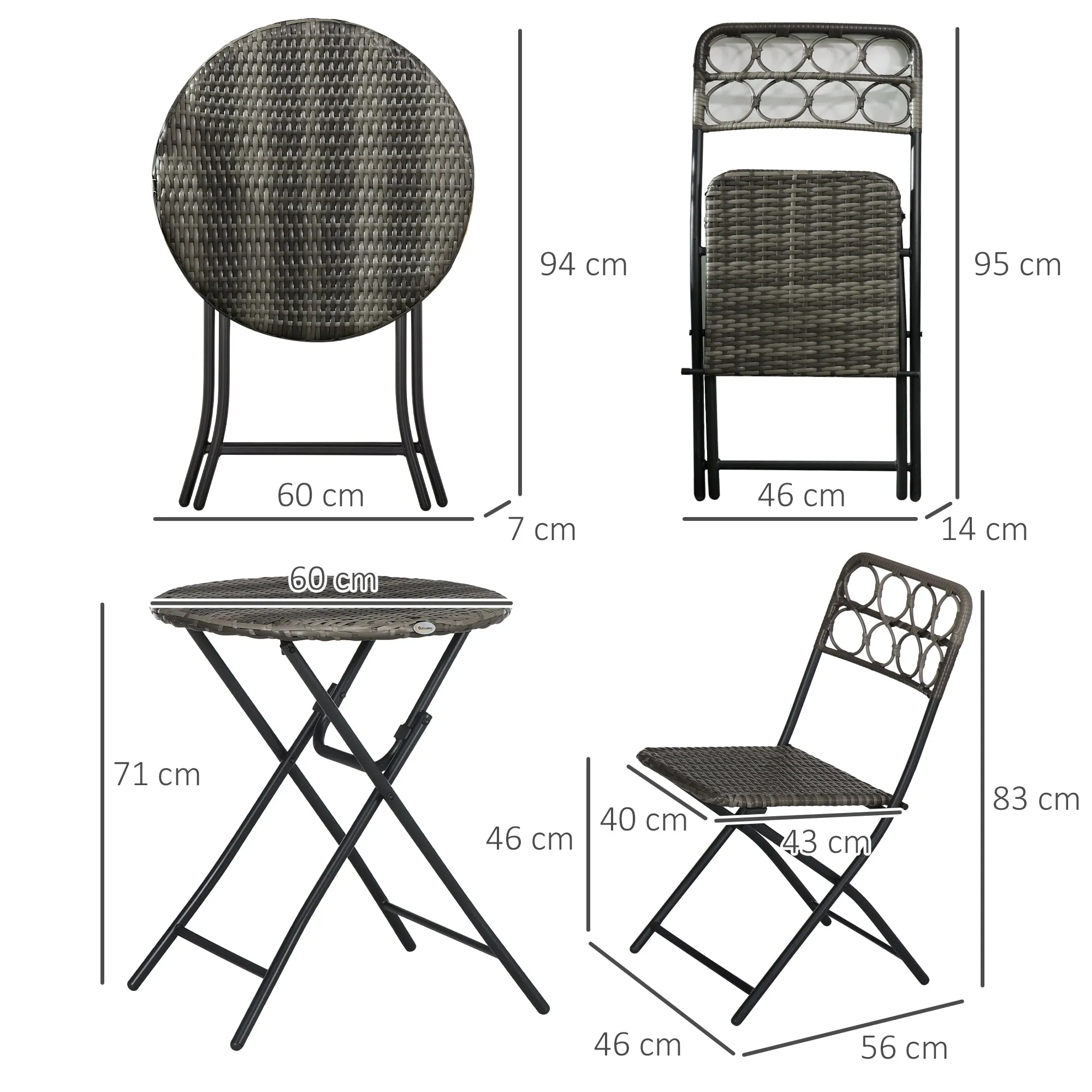 Outsunny 3 PCS Folding Rattan Wicker Bistro Set, Coffee Table Set, Grey