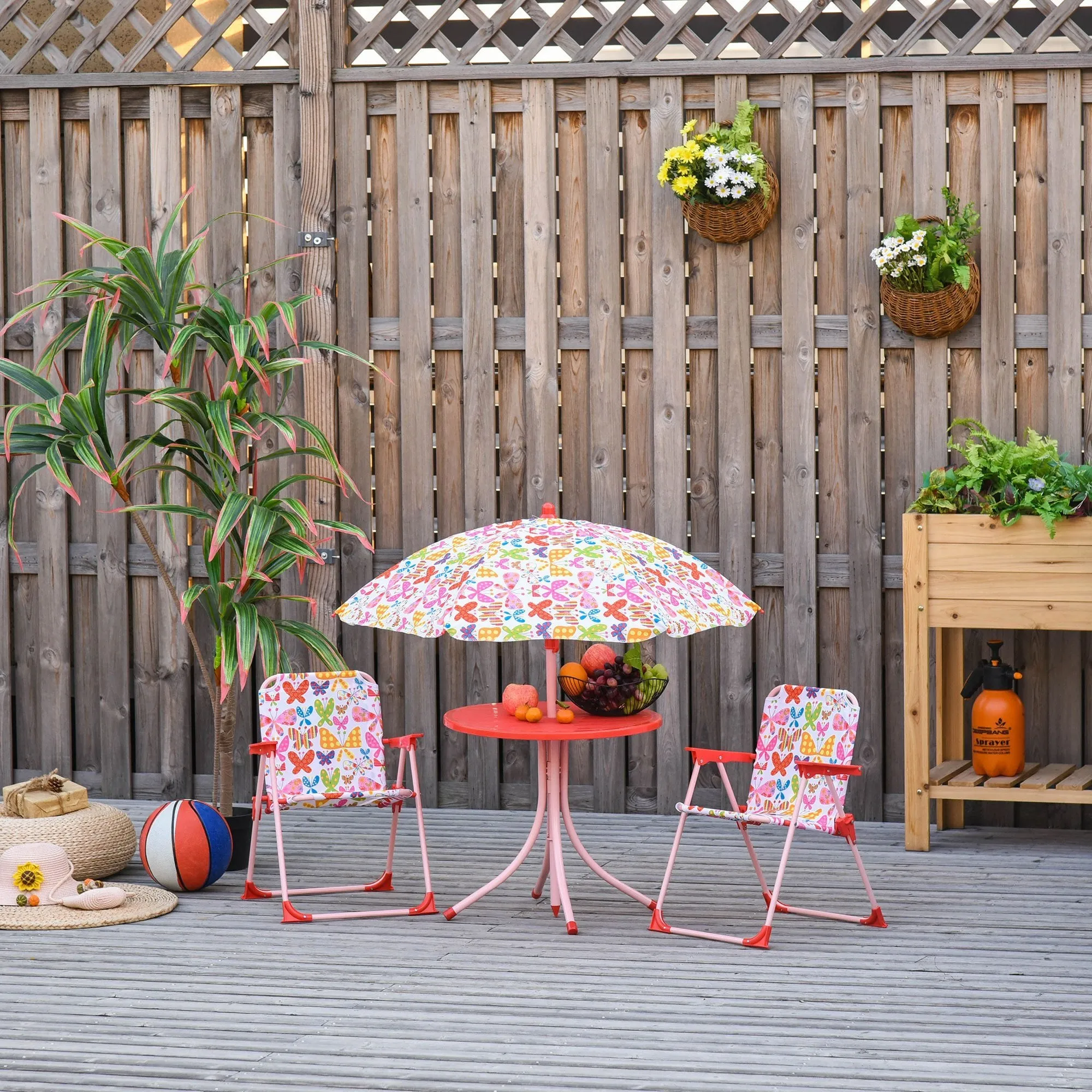 Outsunny Kids Folding Picnic Table and Chairs Set Color Stripes Outdoor w/ Parasol