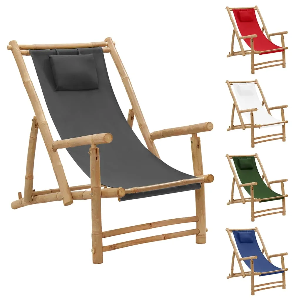 Patio Deck Chair Sling Chair for Balcony Deck Porch Bamboo and Canvas