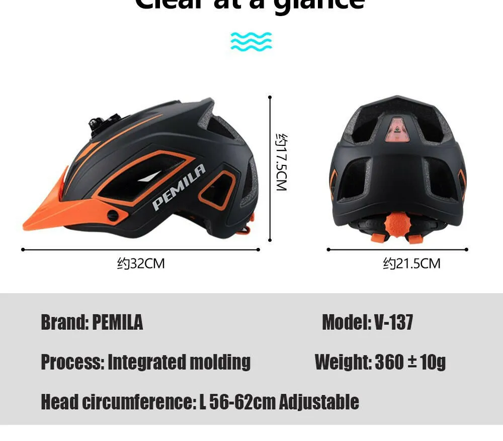 PEMILA Men MTB Bicycle Helmet Bike Safely Cap Ultra-lightweight Mountain Road Cycling Sports Riding Helmets With LED Tail light