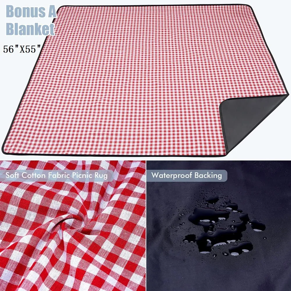 Picnic Wicker Basket with Cooler Red Checkered