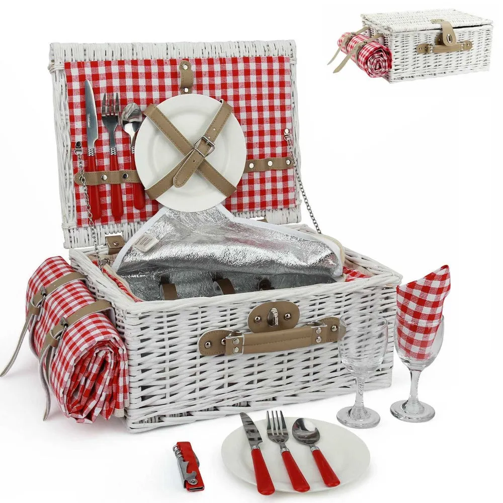 Picnic Wicker Basket with Cooler Red Checkered