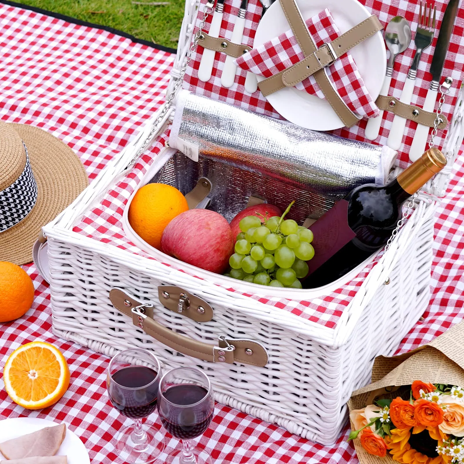 Picnic Wicker Basket with Cooler Red Checkered