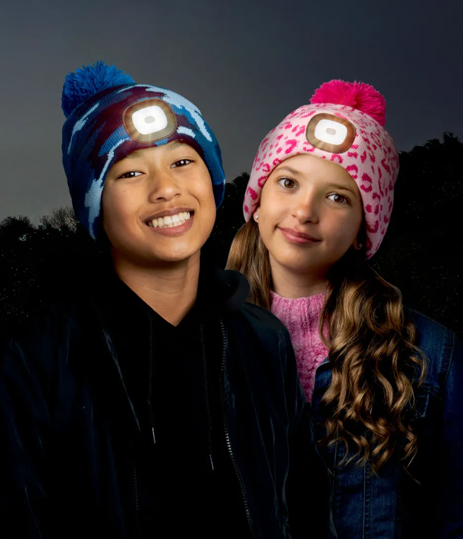 Pink Leopard Kids Night Scope™ Rechargeable LED Light Beanie Pom Hat