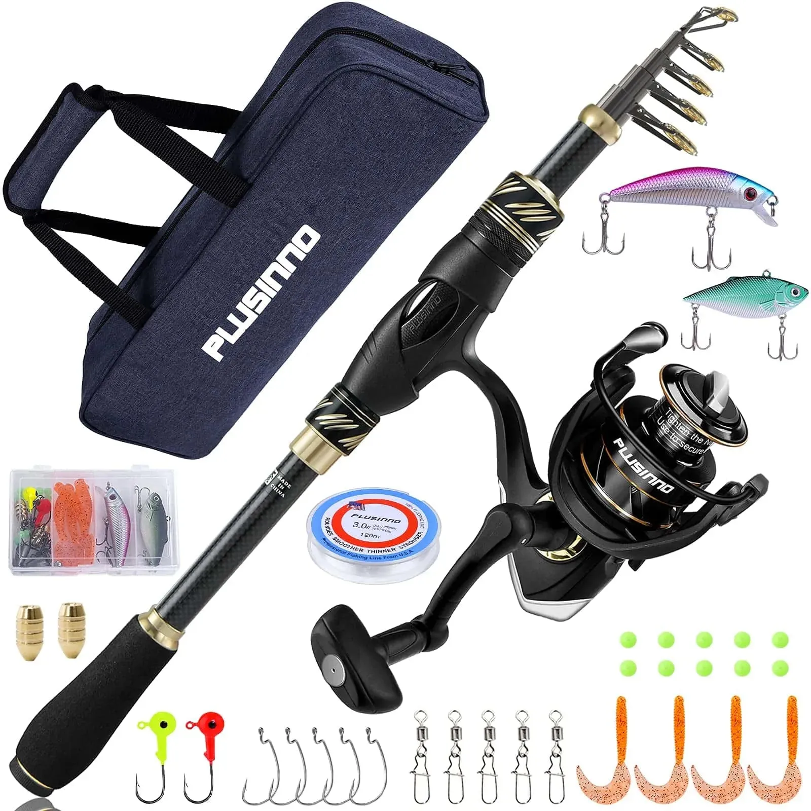 PLUSINNO Eagle Hunting Ⅸ Telescopic Fishing Rods and Reel Combos with Carrier Case