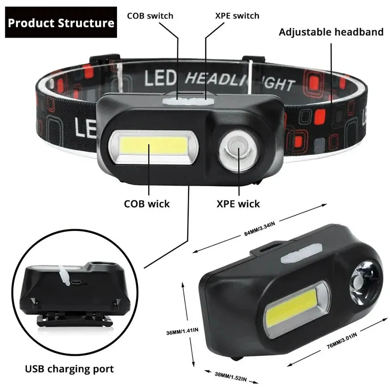 Portable Mini XPE COB Headlamp Use 18650 Battery USB Rechargeable Headlight Outdoor Camping Fishing LED Head Flashlight