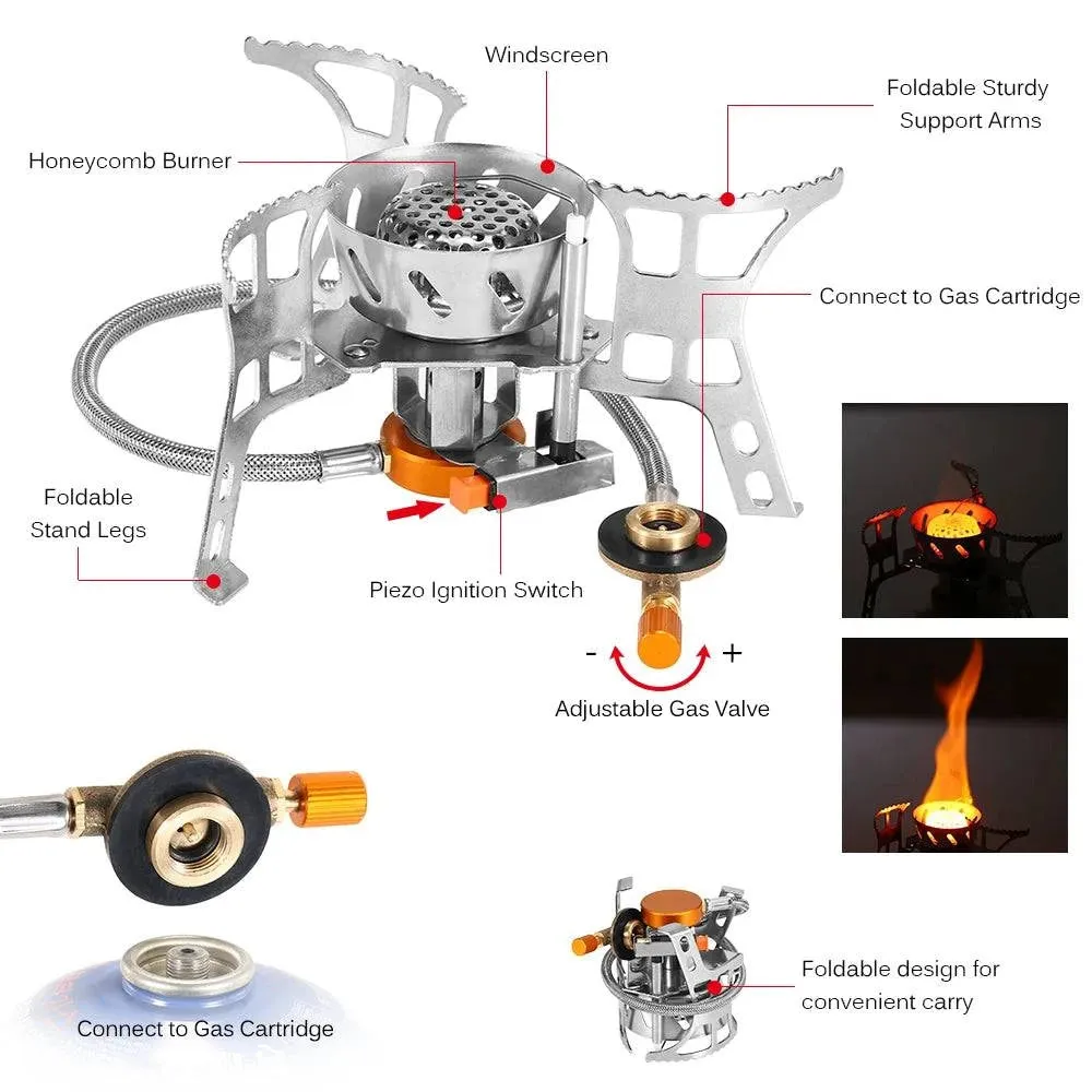 Portable Outdoor Stove Foldable Camping Gas Stove Windproof Cooking Picnic Split Burners with Gas Conversion Head Gas Adapter