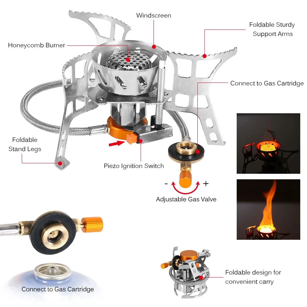 Portable Outdoor Stove Foldable Camping Gas Stove Windproof Cooking Picnic Split Burners with Gas Conversion Head Gas Adapter