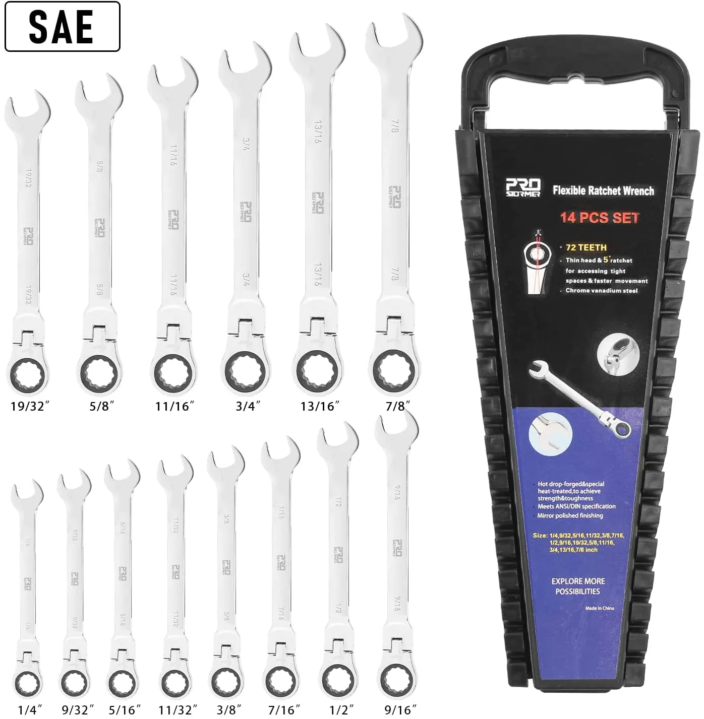 PROSOTRMER 14-Piece Ratcheting Wrench Set , SAE 1/4”-7/8”