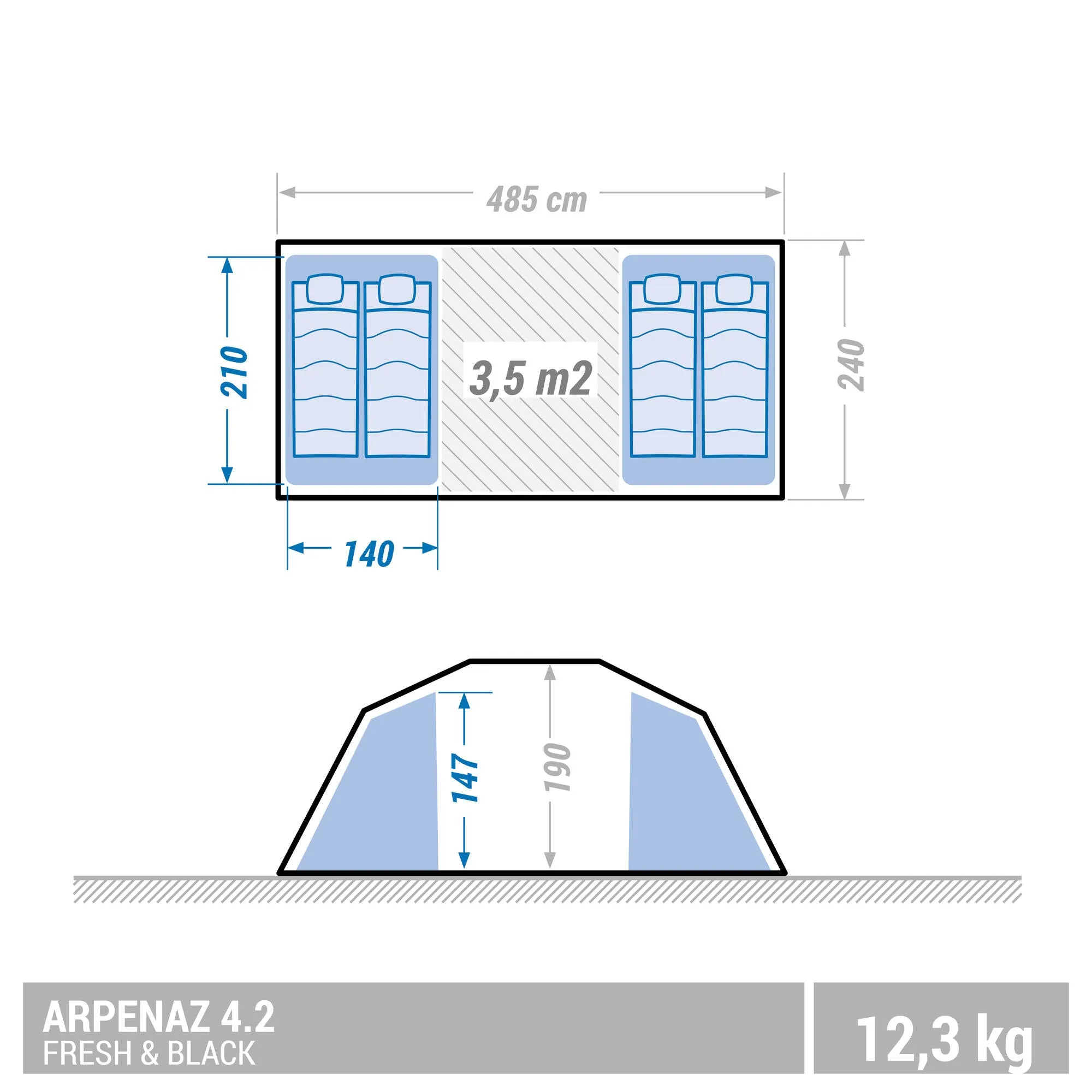 Quechua Arpenaz Fresh & Black Waterproof Family Camping Tent 4 Person 2 Room