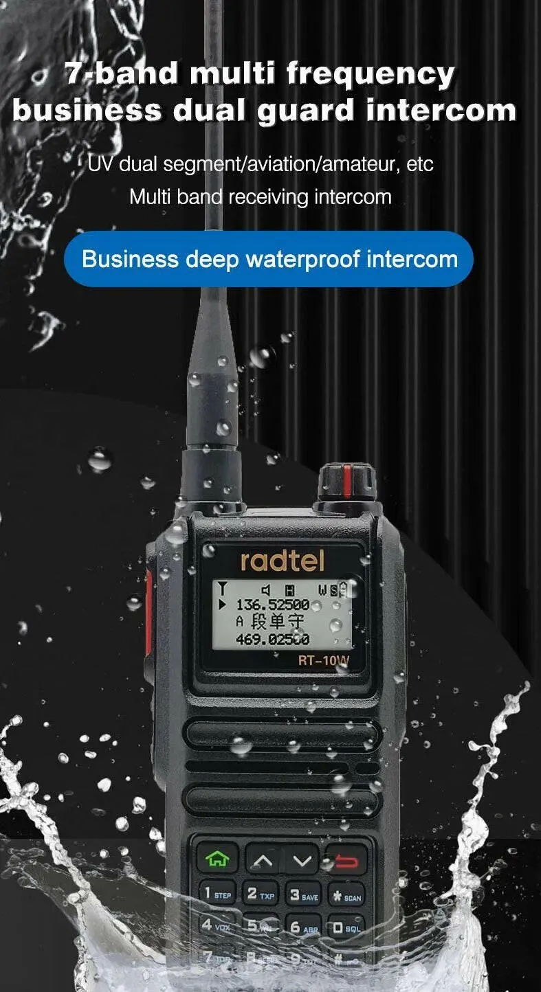 Radtel RT-10W Waterproof 10w Full Band 136-630Mhz Ham Amateur Two-Way Radio 199CH Walkie-Talkie AM Air Aviation Band Bluetooth