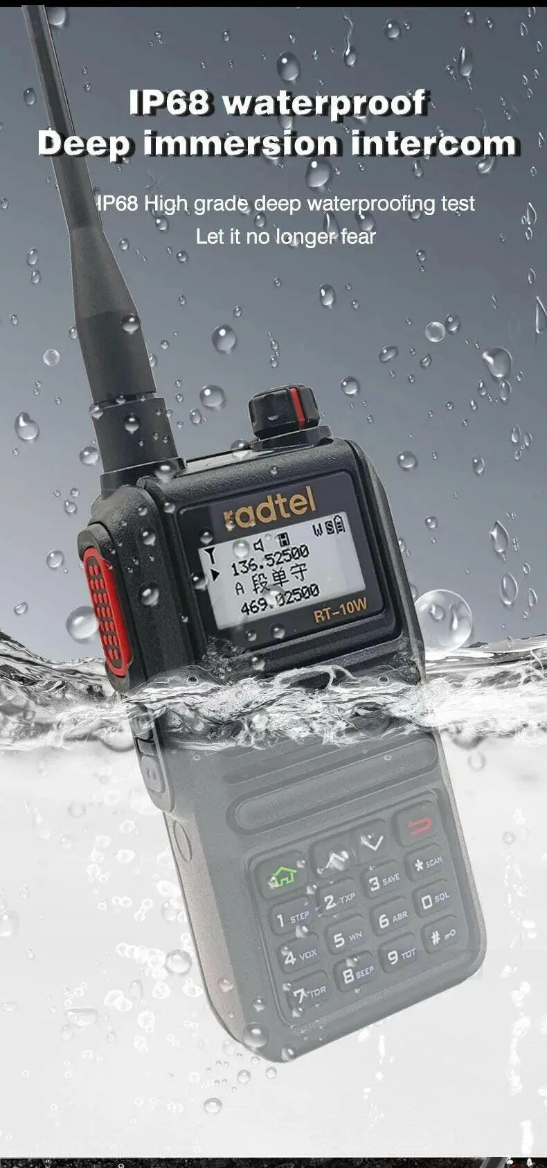 Radtel RT-10W Waterproof 10w Full Band 136-630Mhz Ham Amateur Two-Way Radio 199CH Walkie-Talkie AM Air Aviation Band Bluetooth