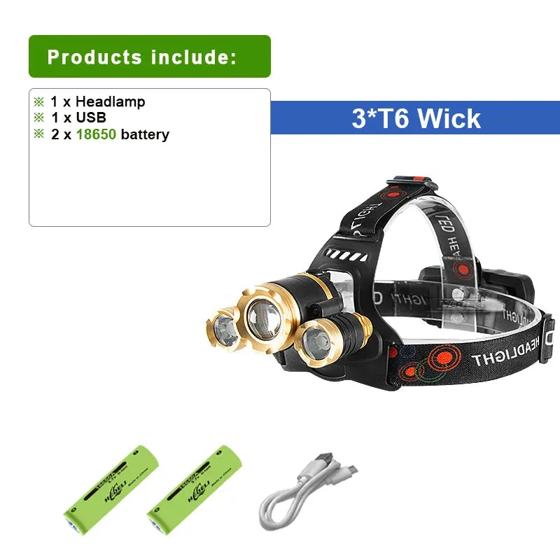 Rechargeable Led Headlight 3T6 Most Powerful USB Led Headlamp 18650 Waterproof Zoomable Head Lamp 4Modes Super Bright Head Light