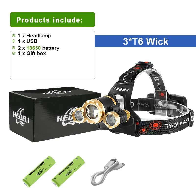Rechargeable Led Headlight 3T6 Most Powerful USB Led Headlamp 18650 Waterproof Zoomable Head Lamp 4Modes Super Bright Head Light