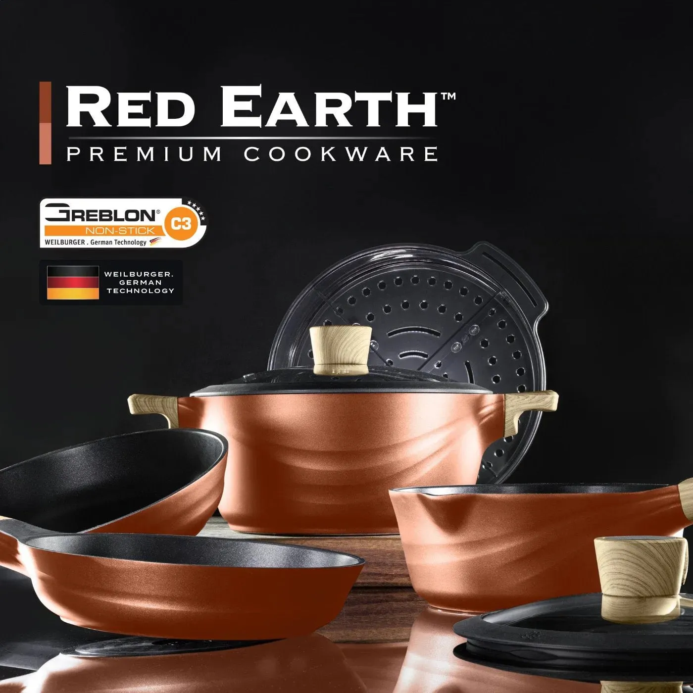 Red Earth™ Premium Cookware 7pc Set   FREE SECOND COOKWARE SET   2x FREE Mighty Mix™ Stick Blender   FREE E-BOOK