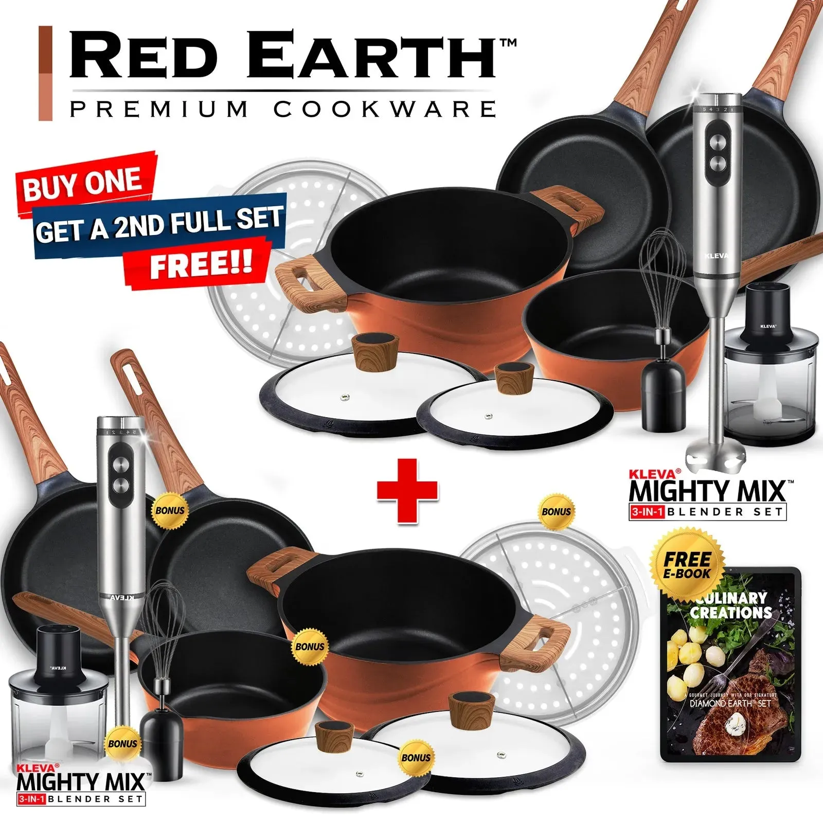 Red Earth™ Premium Cookware 7pc Set   FREE SECOND COOKWARE SET   2x FREE Mighty Mix™ Stick Blender   FREE E-BOOK