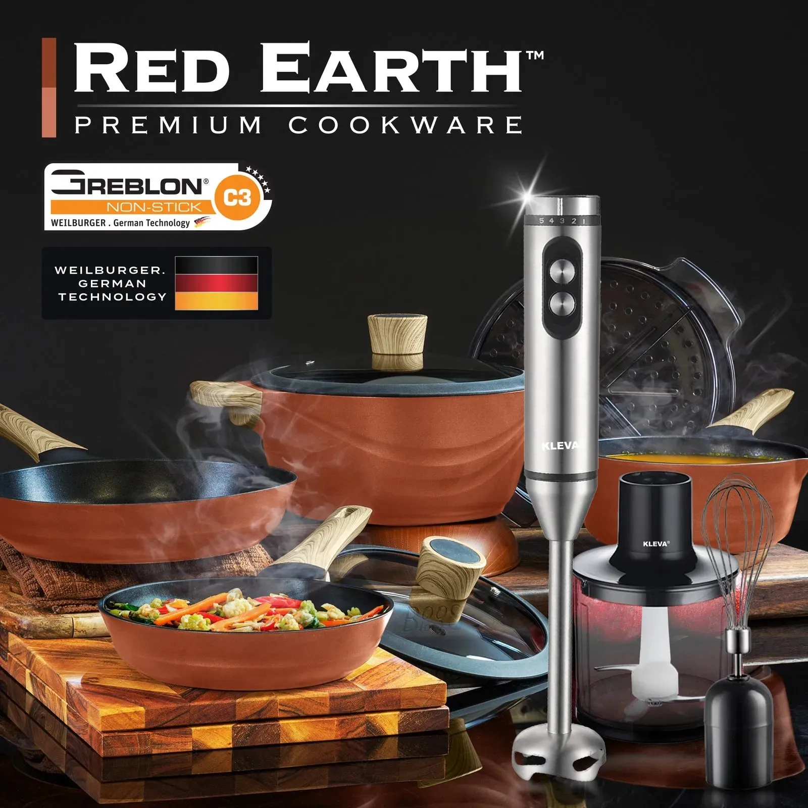 Red Earth™ Premium Cookware 7pc Set   FREE SECOND COOKWARE SET   2x FREE Mighty Mix™ Stick Blender   FREE E-BOOK