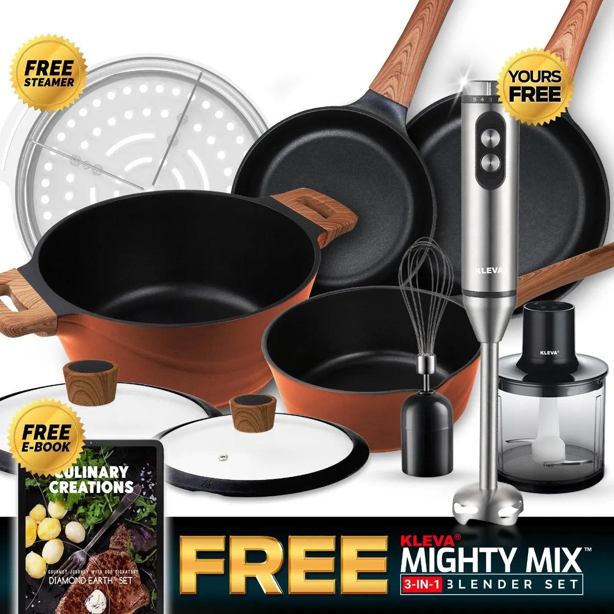 Red Earth™ Premium Cookware 7pc Set   FREE SECOND COOKWARE SET   2x FREE Mighty Mix™ Stick Blender   FREE E-BOOK