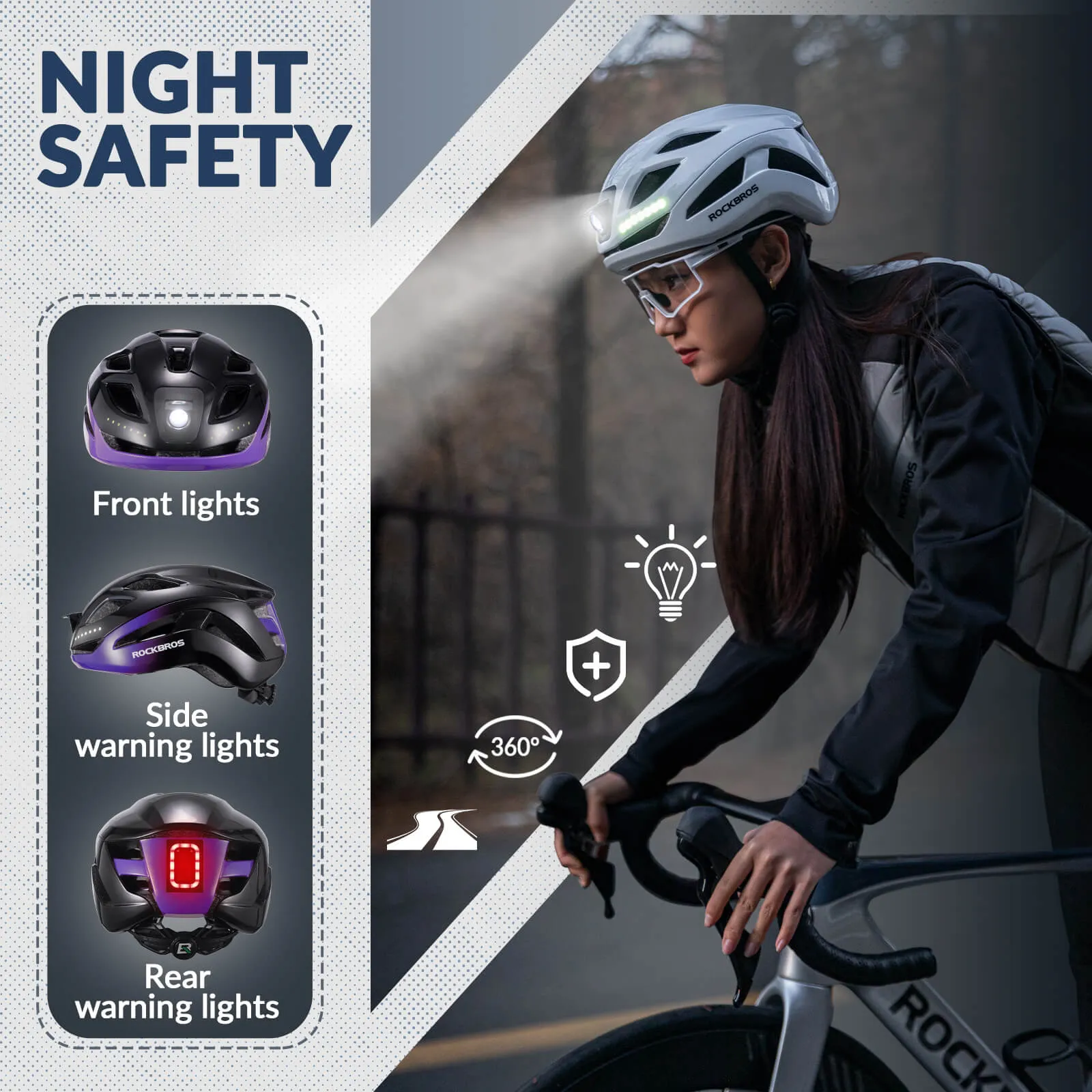 ROCKBROS Bike Helmet with Light USB Rechargeable Cycling Helmet Adjustable