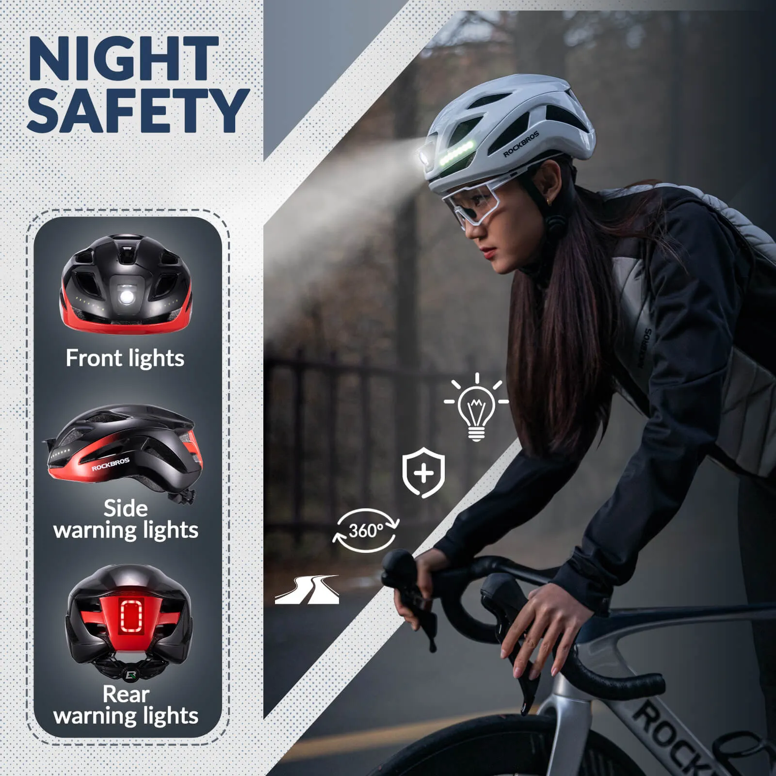 ROCKBROS Bike Helmet with Light USB Rechargeable Cycling Helmet Adjustable