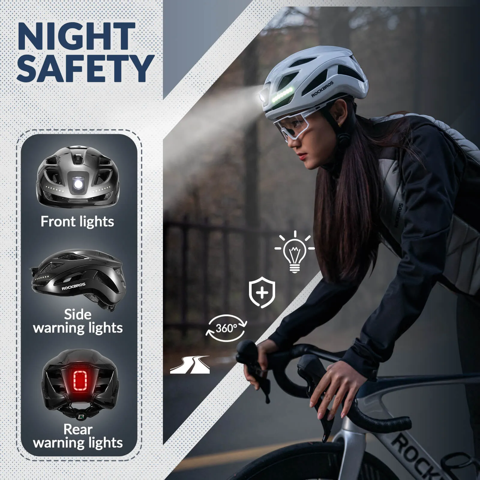 ROCKBROS Bike Helmet with Light USB Rechargeable Cycling Helmet Adjustable