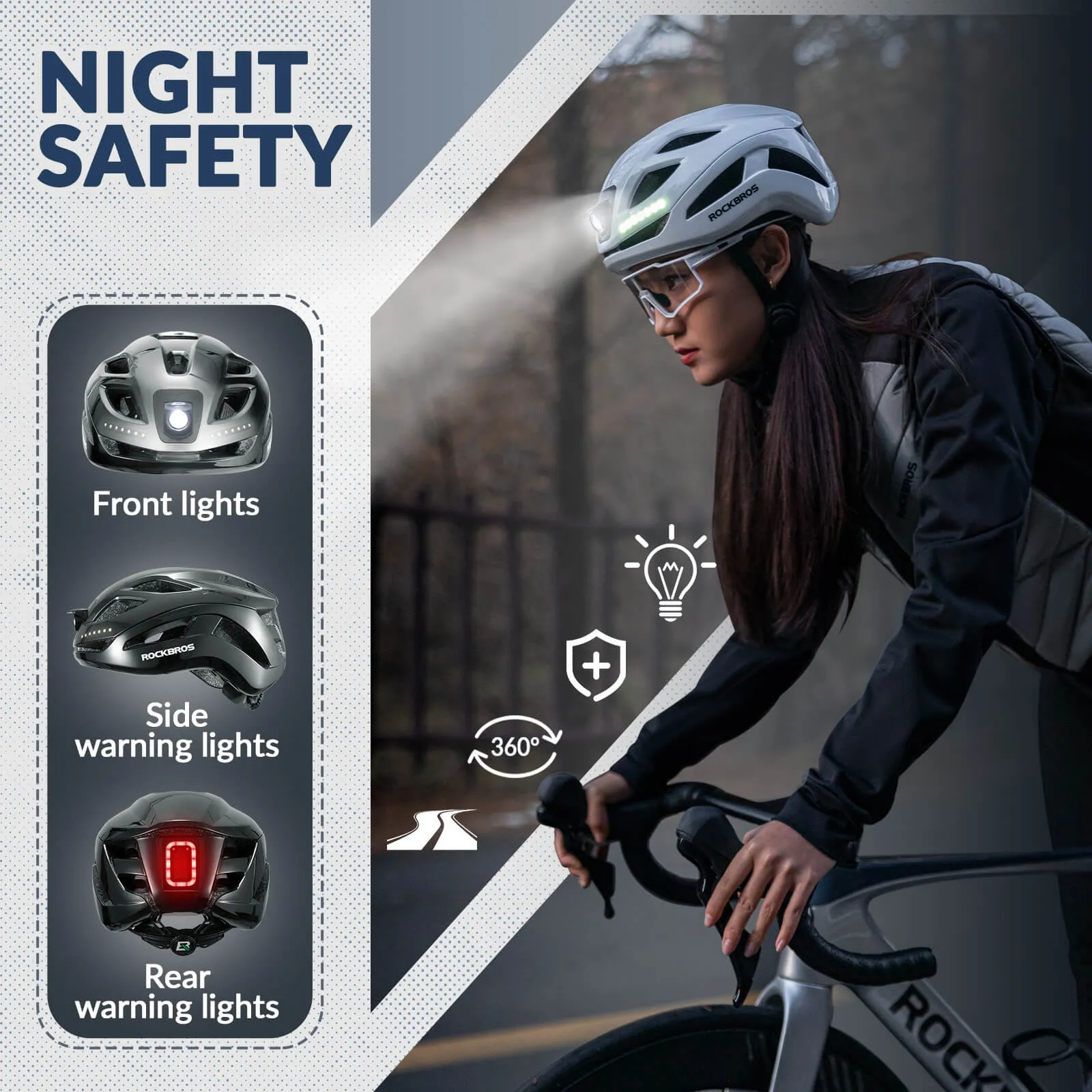 ROCKBROS Bike Helmet with Light USB Rechargeable Cycling Helmet Adjustable