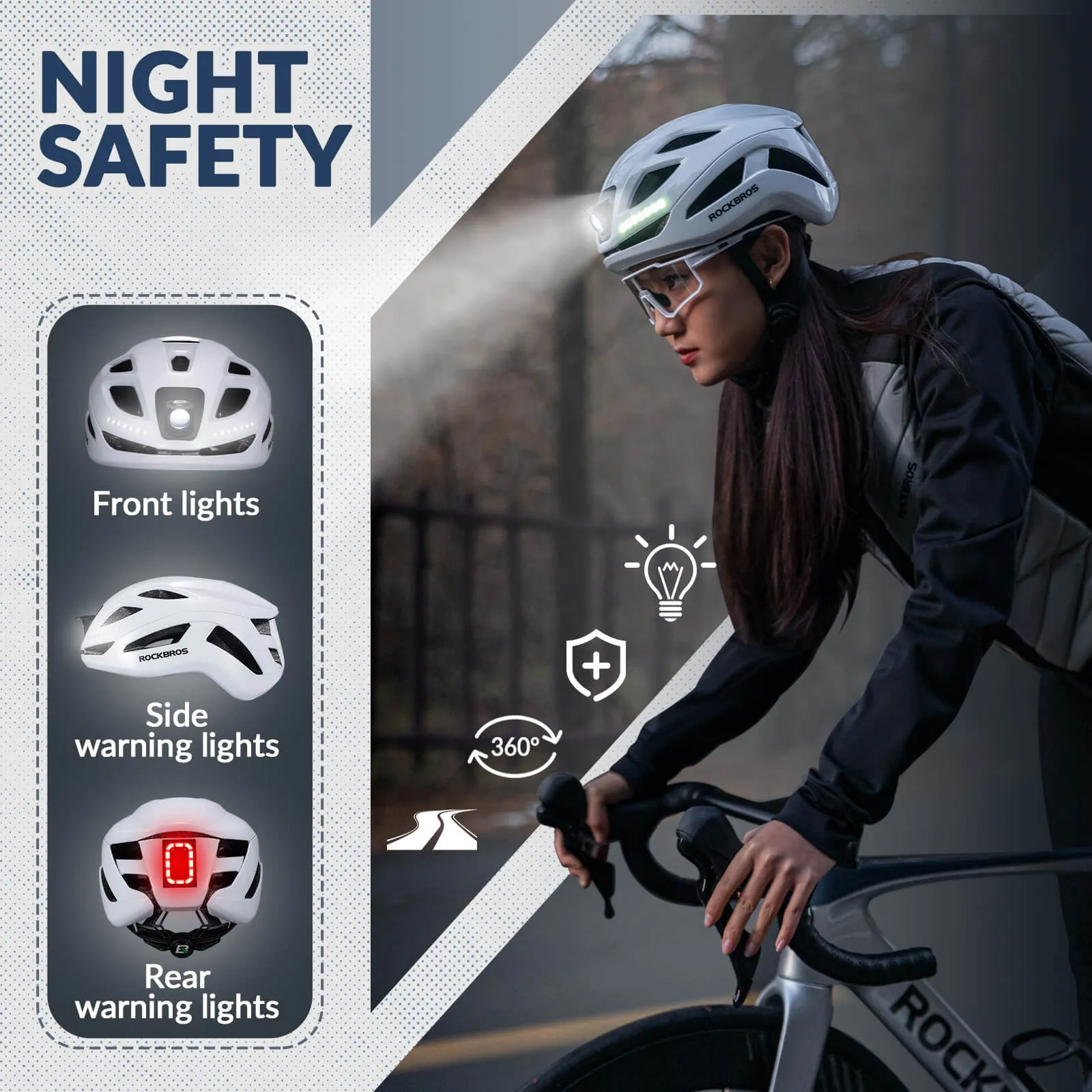 ROCKBROS Bike Helmet with Light USB Rechargeable Cycling Helmet Adjustable