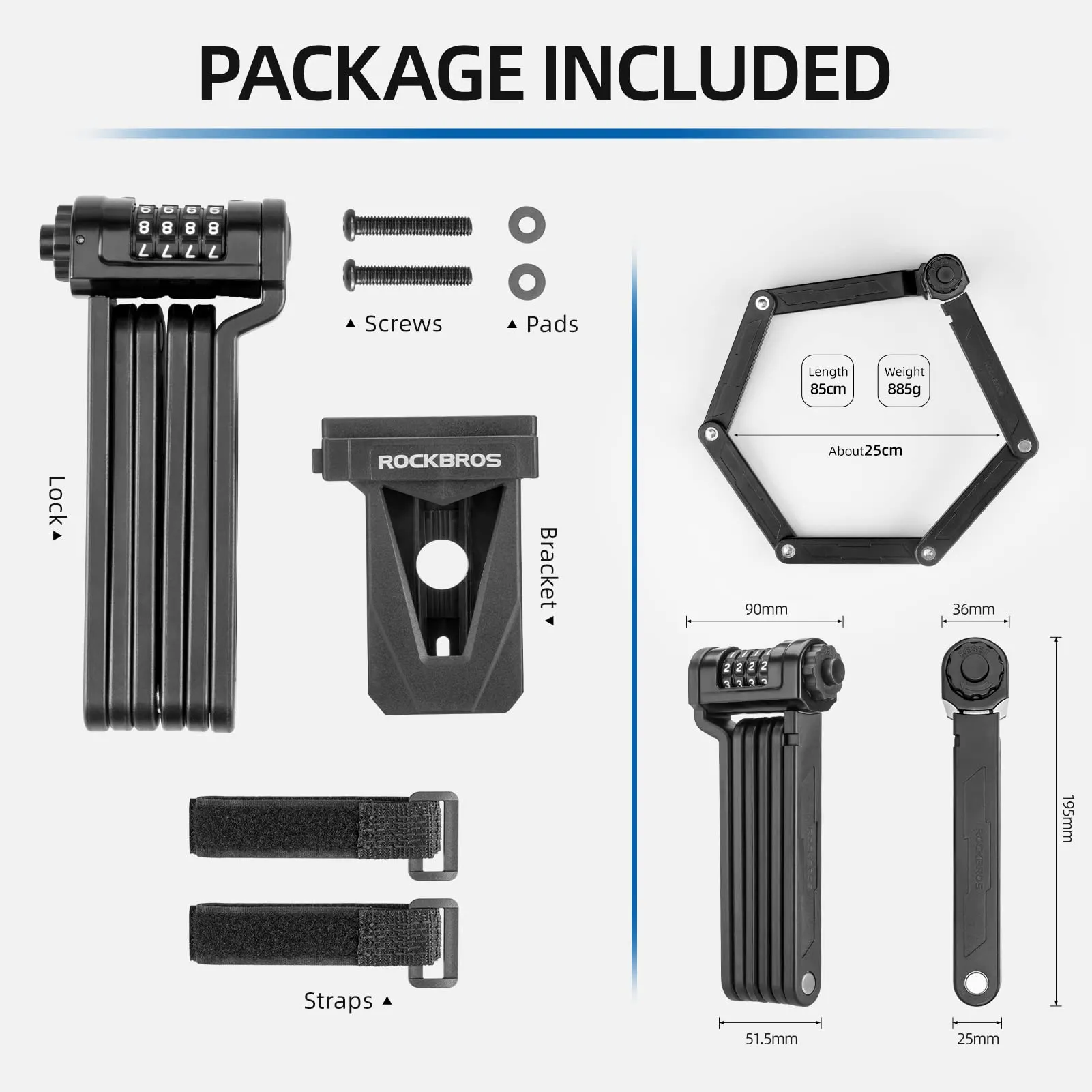 ROCKBROS Folding Bike Lock Heavy Duty Anti-Theft 4-Digit Combination Lock with Mount