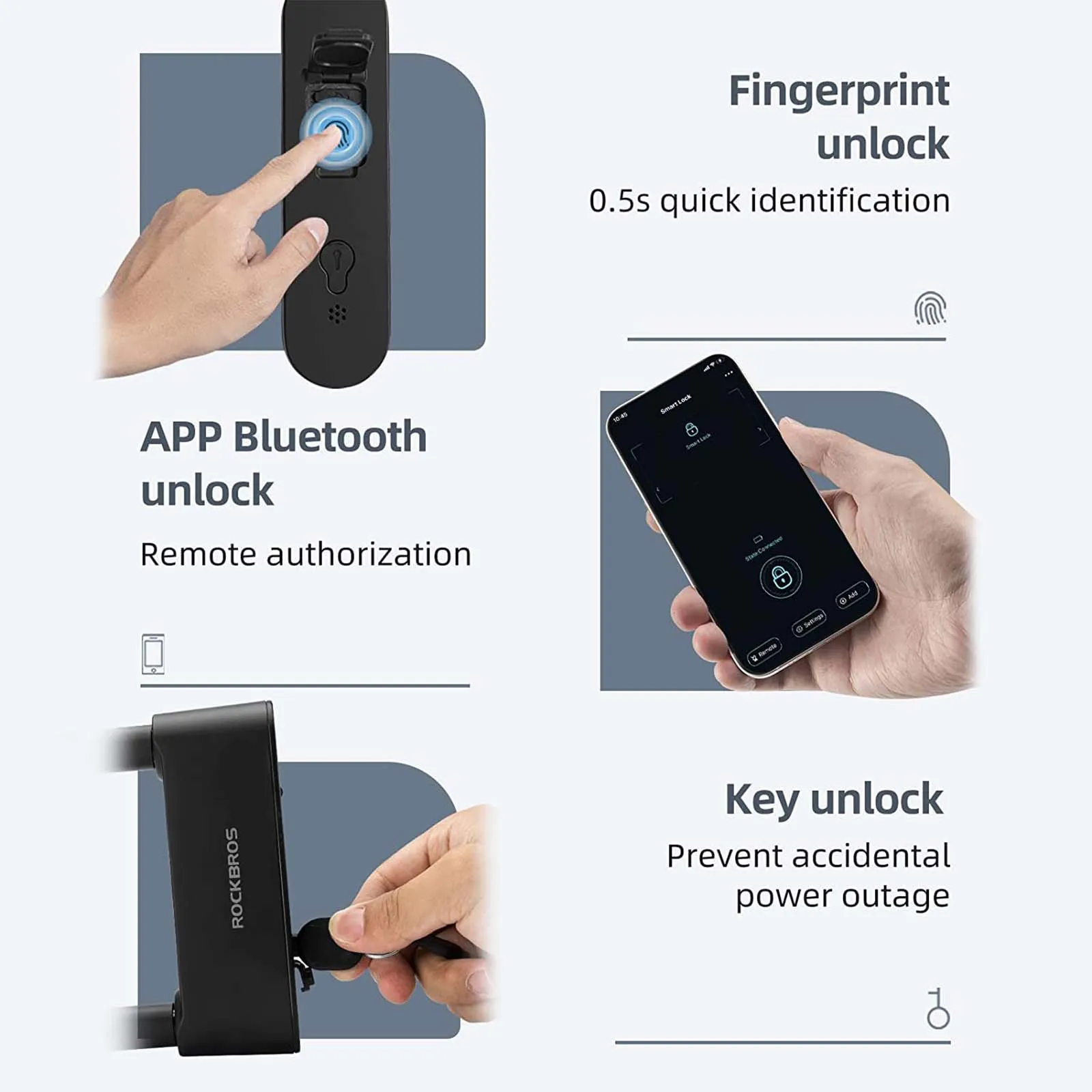 ROCKBROS Smart Bike U Lock Waterproof with Fingerprint and App Control