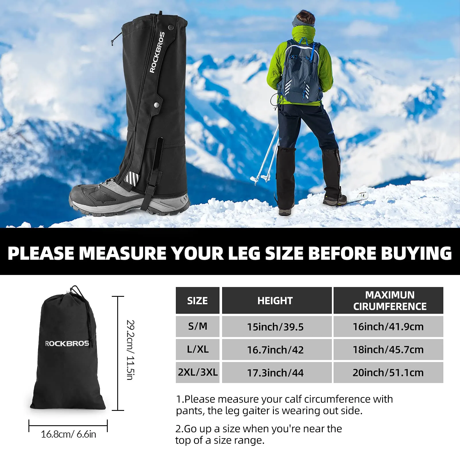 ROCKBROS Windproof Waterproof Leg Gaiters Warm Hiking Gaiters