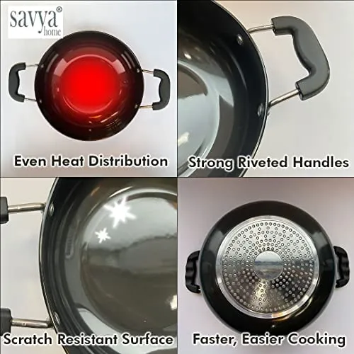 SAVYA HOME® Hard Anodised Aluminium Kadai with Lid (26 cm) - 2.8 L & 12-Piece Silicon Spatula Set Combo | Heat Surround Cooking | Gas & Induction Cookware | Black