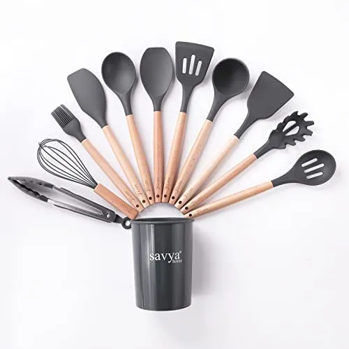 SAVYA HOME® Hard Anodised Aluminium Kadai with Lid (26 cm) - 2.8 L & 12-Piece Silicon Spatula Set Combo | Heat Surround Cooking | Gas & Induction Cookware | Black