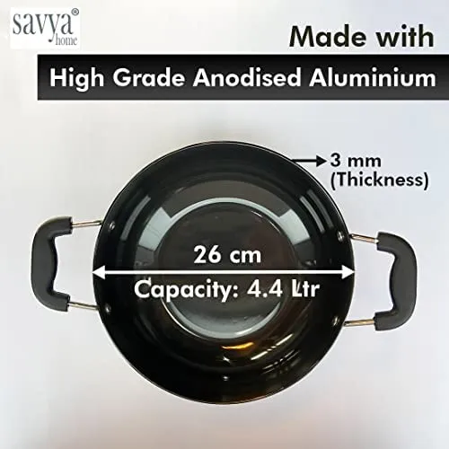SAVYA HOME® Hard Anodised Aluminium Kadai with Lid (26 cm) - 2.8 L & 12-Piece Silicon Spatula Set Combo | Heat Surround Cooking | Gas & Induction Cookware | Black