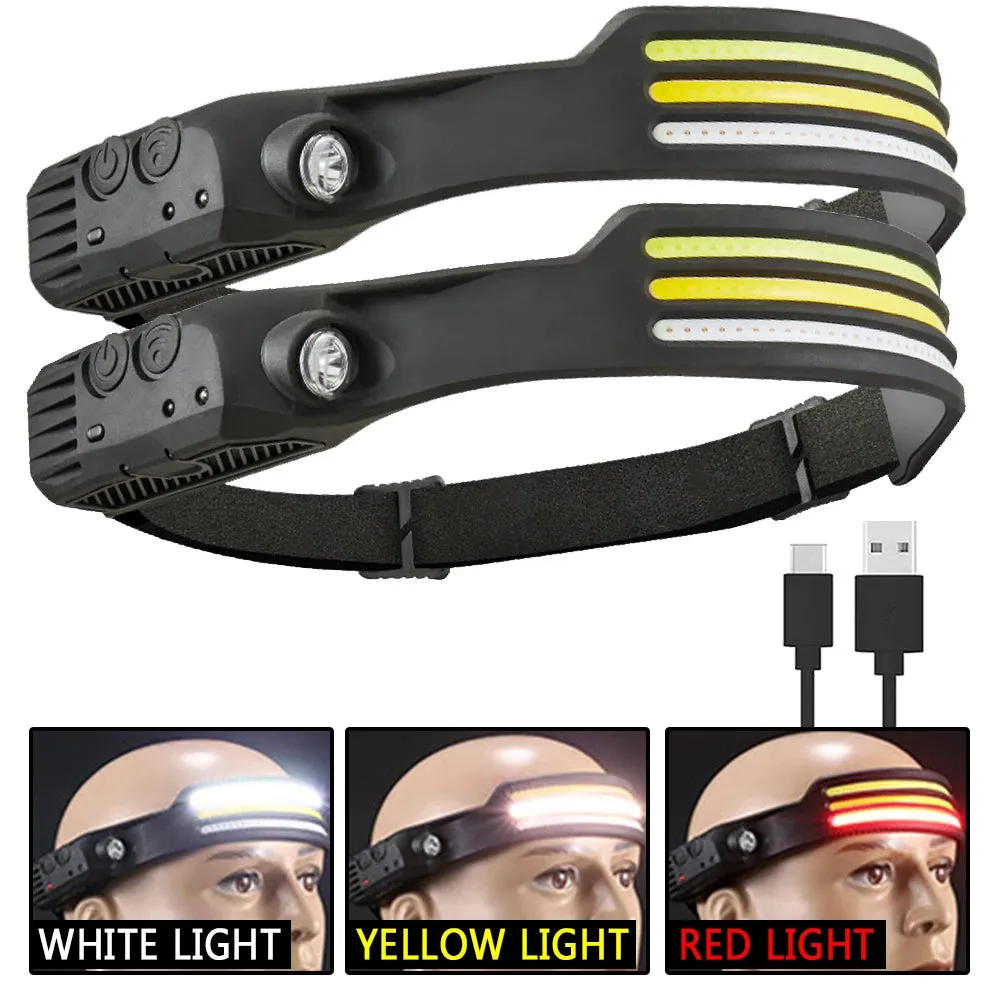 Sensor Headlamp COB LED Head Lamp Flashlight USB Rechargeable Head Torch 5 Lighting Modes Head Light with Built-in Battery